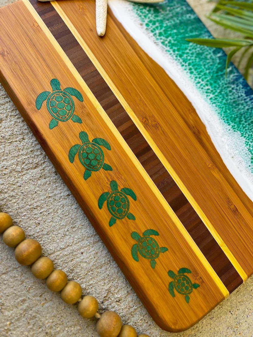 Resin Ocean Bamboo Cheese Board | Sea Turtle & Hammerhead Shark Inlay | Coastal Serving Gift