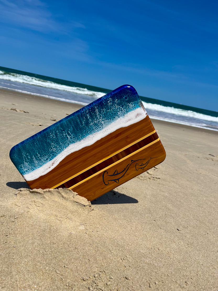 Resin Ocean Bamboo Cheese Board | Sea Turtle & Hammerhead Shark Inlay | Coastal Serving Gift