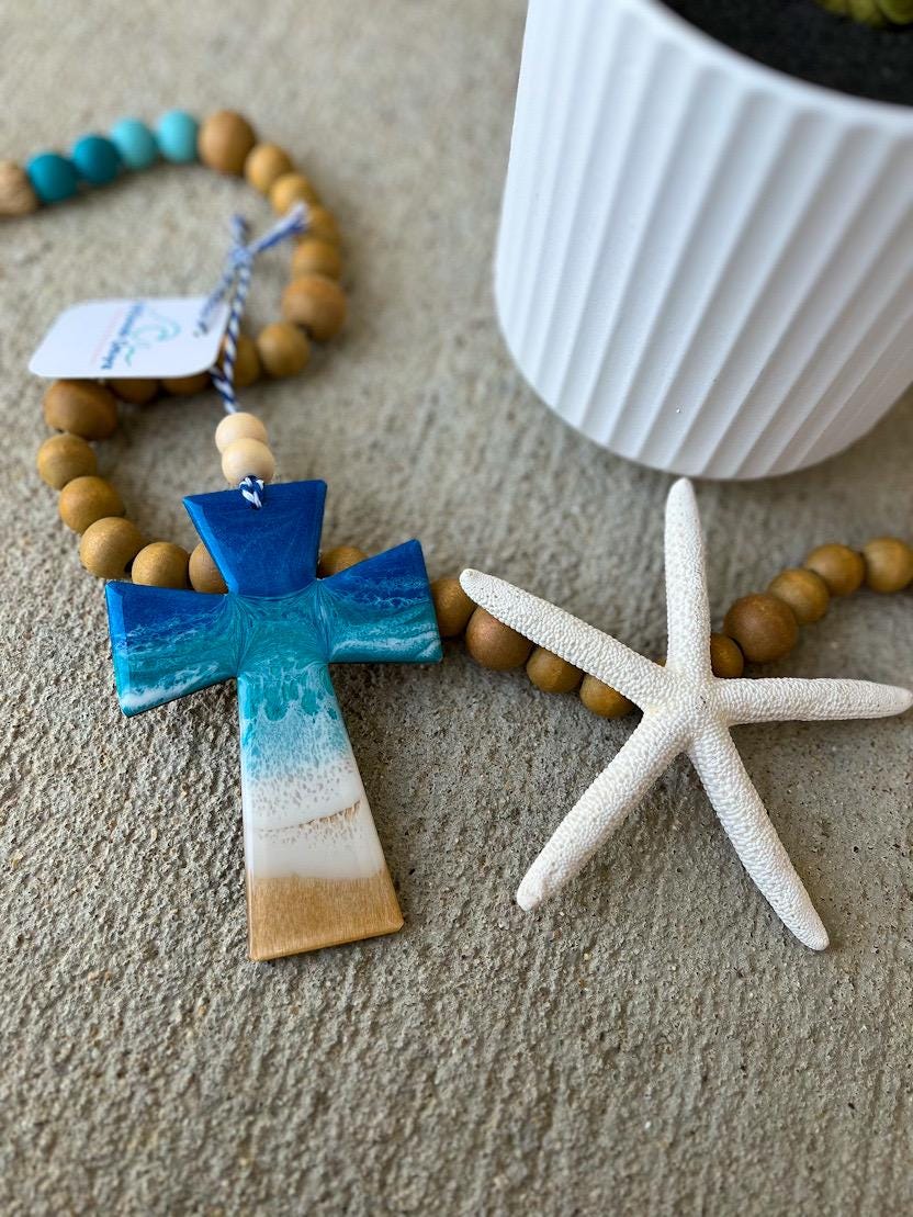 Beach Cross Wood and Resin Ornament