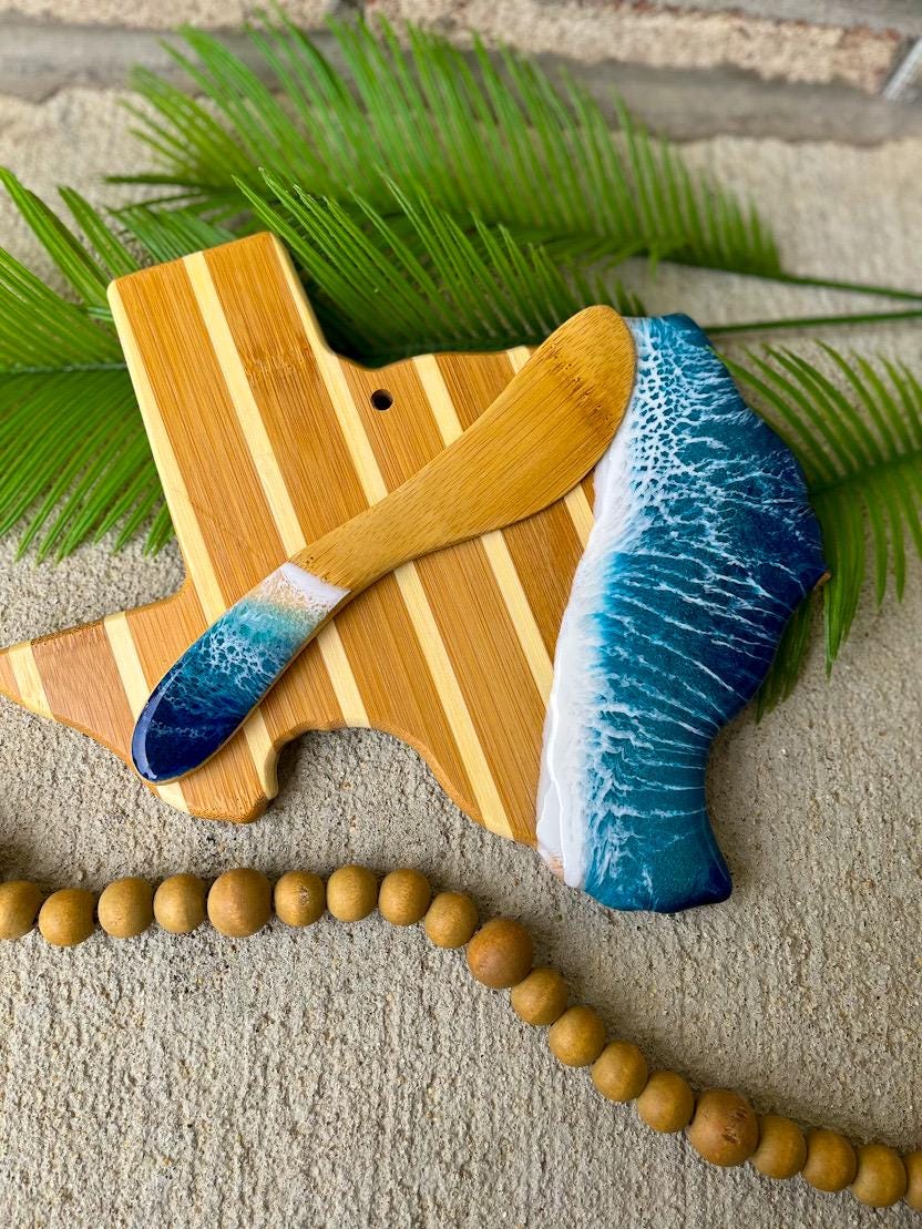 Texas Cheese Board Gift Set, Bamboo Serving Platter with Ocean Resin Wave Art, Coastal Charcuterie Board, Beach House Decor