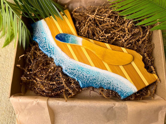 California-shaped bamboo cheese board and matching spreader with ocean resin wave art, eco-friendly packaging, coastal charcuterie gift set