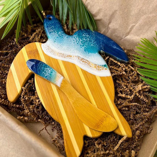Sea turtle mini cheese board and matching cheese spreader with ocean resin wave art, eco-friendly gift box packaging, coastal charcuterie gift set
