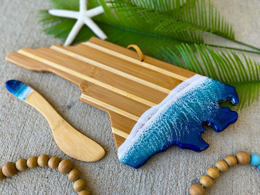 North Carolina Cheese Board with Ocean Resin Art and matching cheese spreader