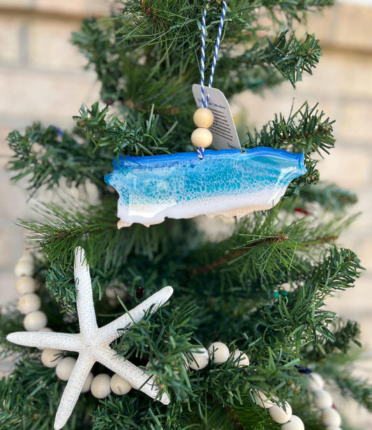 Puerto Rico Ocean Resin Ornament finished with two wooden beads and blue and white twine