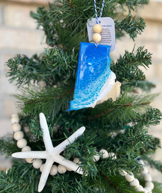 Wood and Resin handmade ocean resin ornament in the shape of Rhode Island