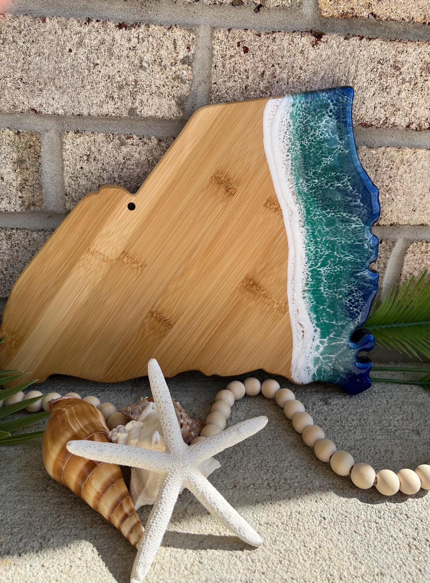South Carolina Bamboo Serving Board with Ocean Resin Art, State Shaped Charcuterie Board, Coastal Beach House Decor, Hilton Head Gift