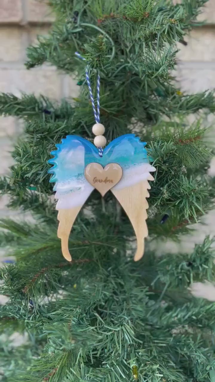 Personalized Angel Wing Memorial Keepsake Ocean Resin Ornament, Remembrance Ornament, Christmas in Heaven, Beach Memorial Bereavement Gift