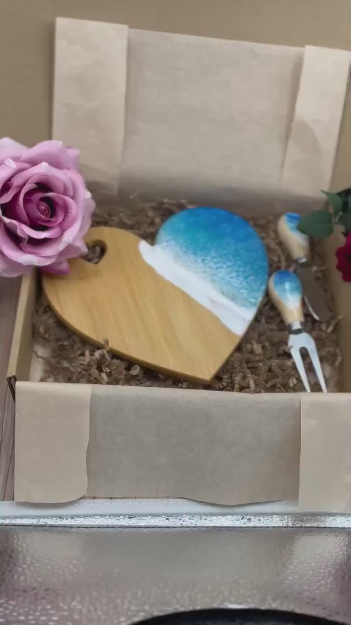Ocean Resin Heart Shaped Cheese Tray, Valentine Gift Set, Charcuterie Board, Beach Lover Gift, Valentines Gift, Coastal Gift