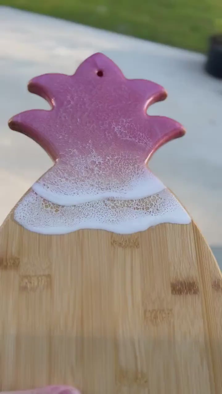 Pink Pineapple Sunrise Bamboo Serving Board with Resin Art Ocean, Pineapple Decor, Pink Charcuterie Board, Pink Christmas Gift