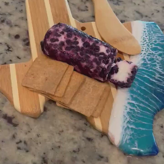Texas Cheese Board Gift Set, Bamboo Serving Platter with Ocean Resin Wave Art, Coastal Charcuterie Board, Beach House Decor