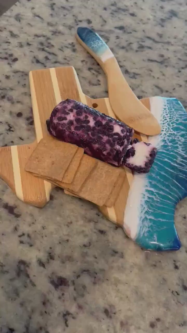 Texas Cheese Board Gift Set, Bamboo Serving Platter with Ocean Resin Wave Art, Coastal Charcuterie Board, Beach House Decor