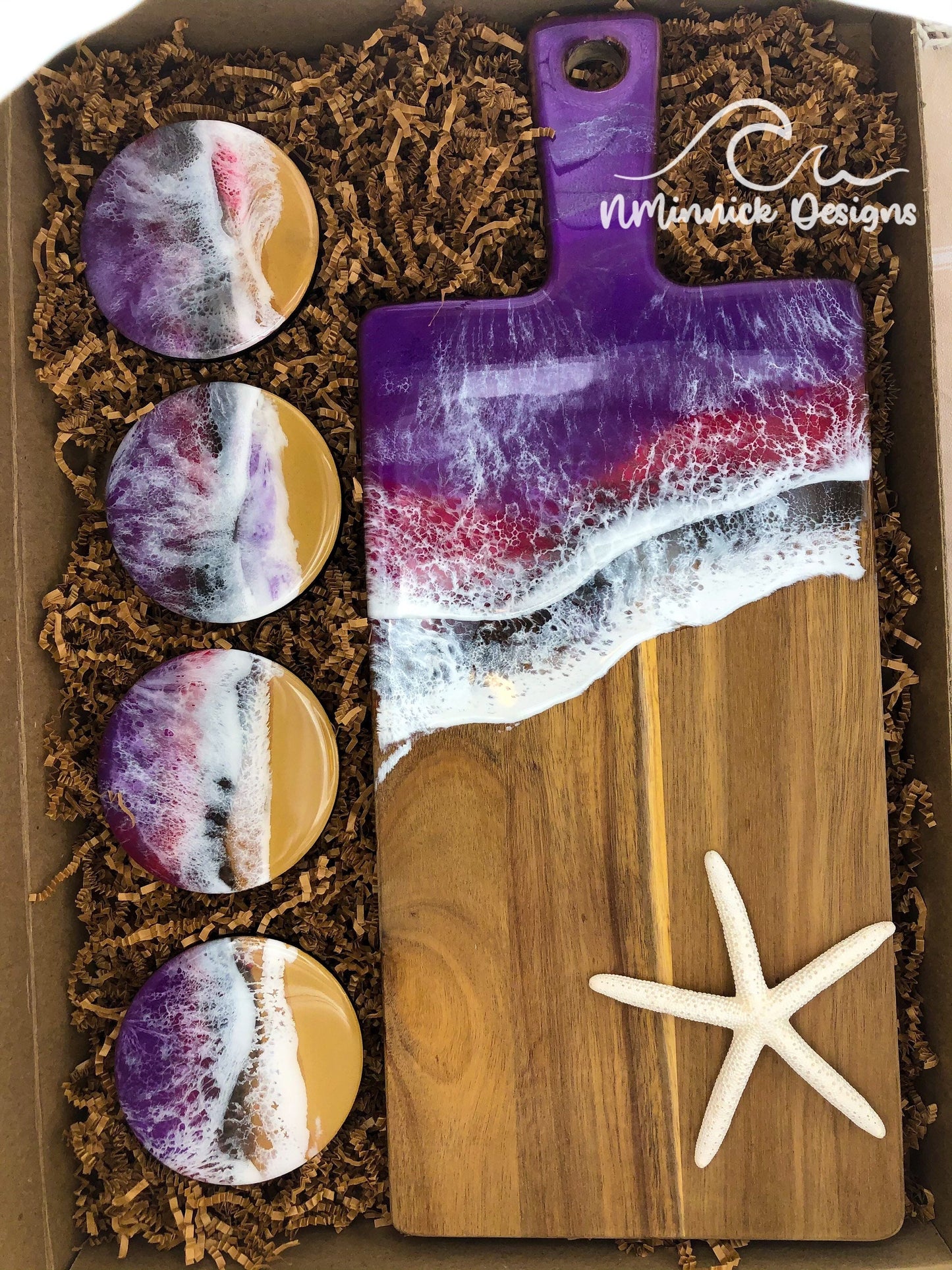 Ocean Charcuterie Board and Coaster Birthday Box, Purple/Red/Black