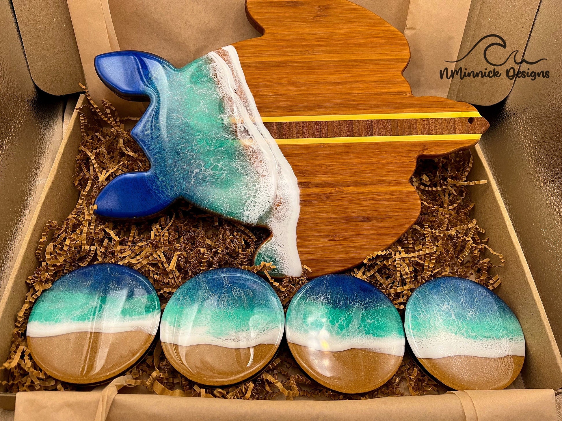 Sea Turtle Serving Board and Coaster Christmas Gift Box, Ocean Resin Art, Sea Turtle Decor, Beach Gifts