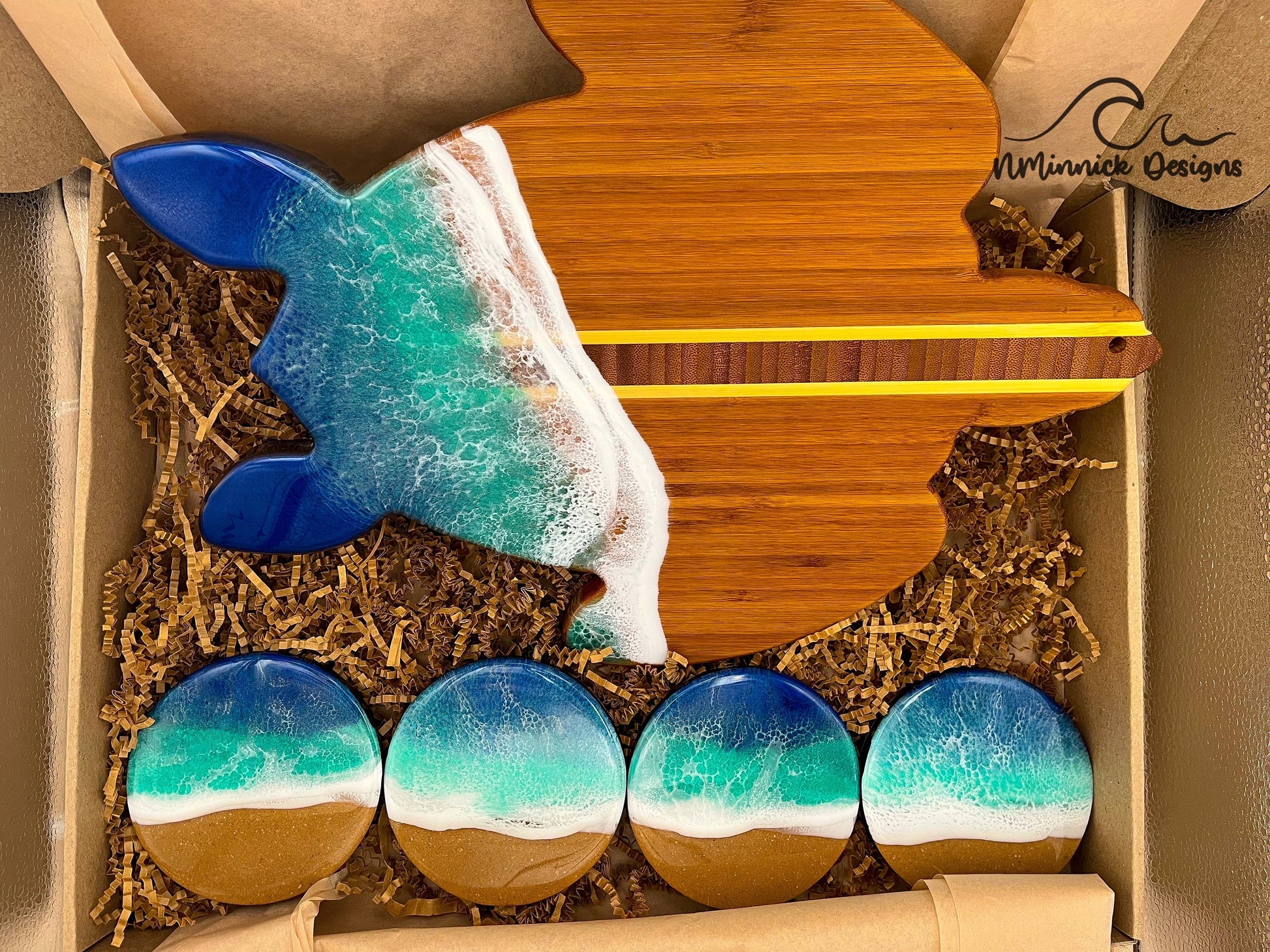 Sea Turtle Serving Board and Coaster Christmas Gift Box, Ocean Resin Art, Sea Turtle Decor, Beach Gifts