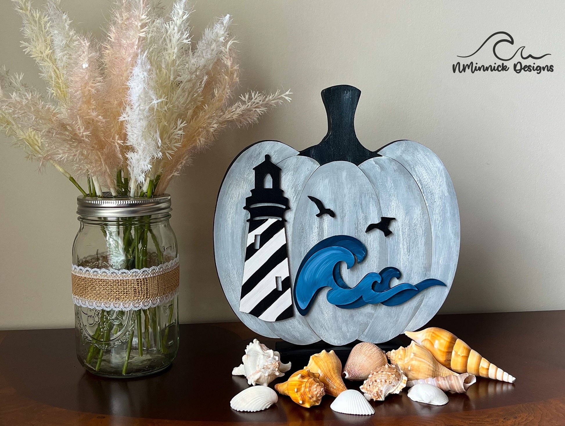 Lighthouse Coastal Wood Pumpkin, Hand Painted Pumpkins, Lighthouse Decor, Fall Pumpkin Décor, Hatteras Lighthouse Decor