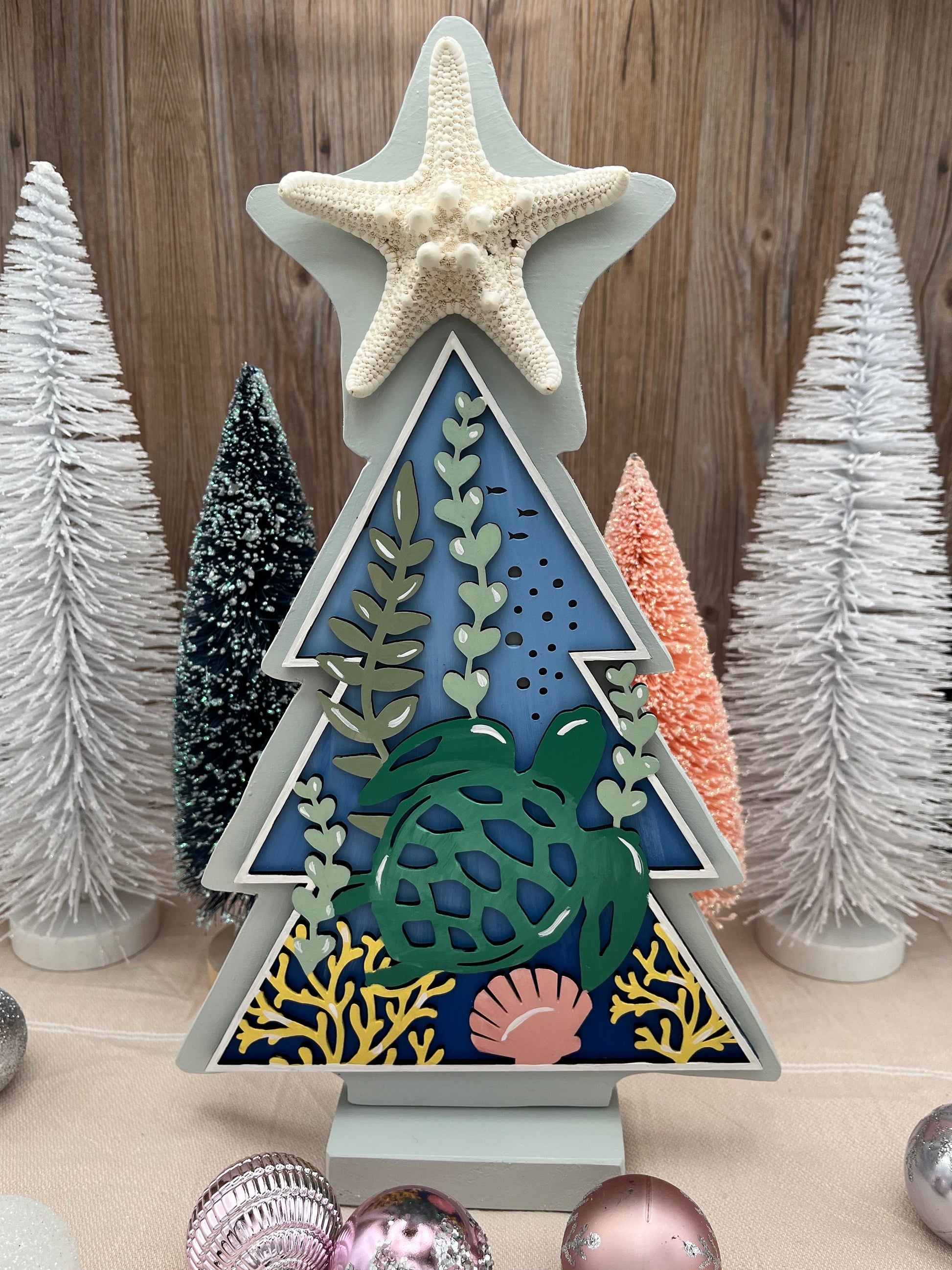 Wooden Coastal Christmas Tree, Christmas Turtle, Under the Sea, Sea Turtle Decor, Beach Christmas Tree, Table Decor