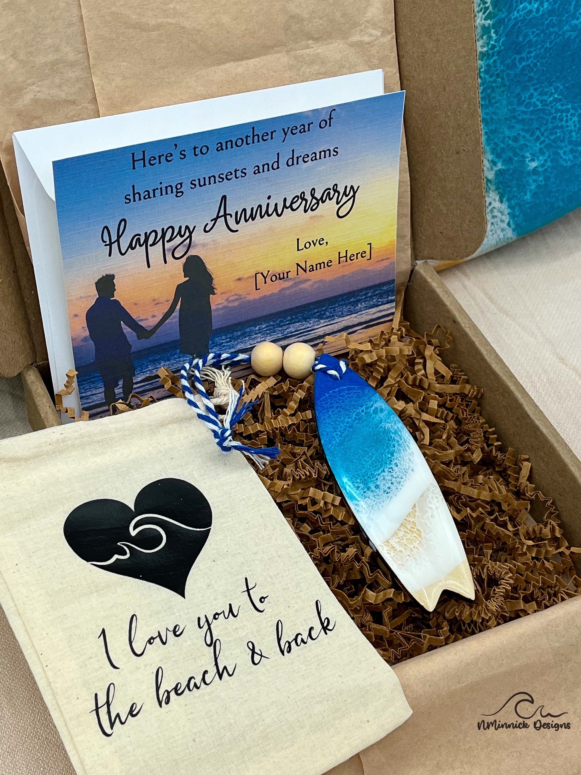 Surfboard Ornament Valentines Day Gift Box with Custom Card and Ornament Keeper Bag
